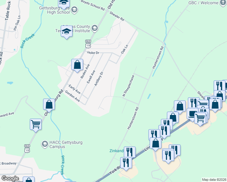 map of restaurants, bars, coffee shops, grocery stores, and more near 11 Bugle Call Path in Gettysburg