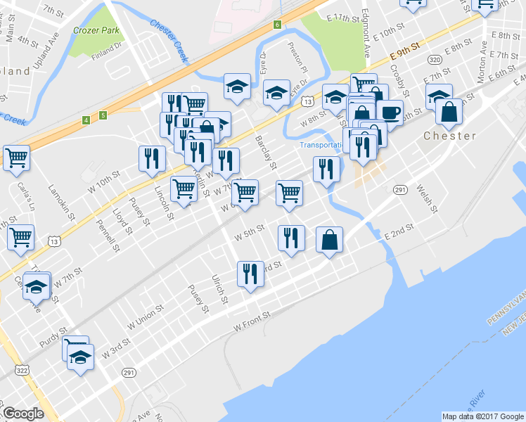 map of restaurants, bars, coffee shops, grocery stores, and more near 546 Concord Avenue in Chester