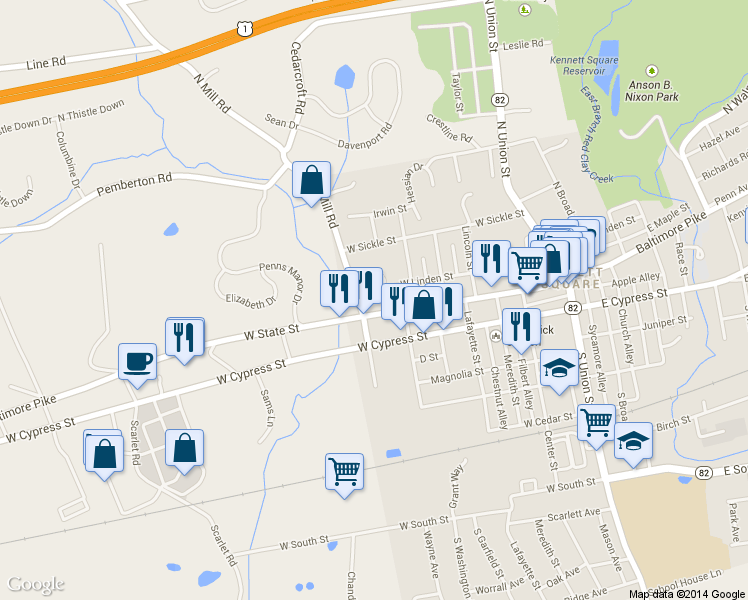 map of restaurants, bars, coffee shops, grocery stores, and more near 657 Linden Circle in Kennett Square
