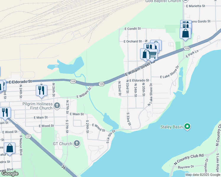 map of restaurants, bars, coffee shops, grocery stores, and more near 421 Woodside Trail in Decatur