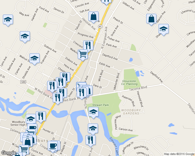 map of restaurants, bars, coffee shops, grocery stores, and more near 737 Wick Blvd in Woodbury