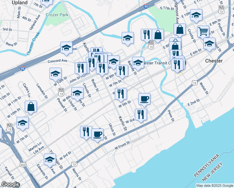 map of restaurants, bars, coffee shops, grocery stores, and more near 607 West 6th Street in Chester