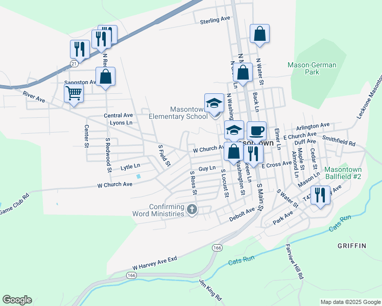 map of restaurants, bars, coffee shops, grocery stores, and more near 235 West Church Avenue in Masontown