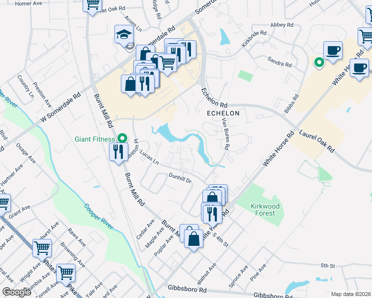 map of restaurants, bars, coffee shops, grocery stores, and more near 237 Lucas Lane in Voorhees Township