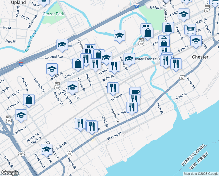 map of restaurants, bars, coffee shops, grocery stores, and more near 607 West 6th Street in Chester