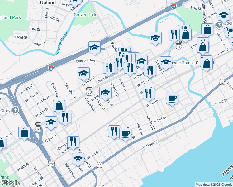 map of restaurants, bars, coffee shops, grocery stores, and more near 912-914 West 7th Street in Chester