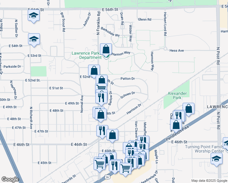 map of restaurants, bars, coffee shops, grocery stores, and more near 8104 East 49th Street in Indianapolis