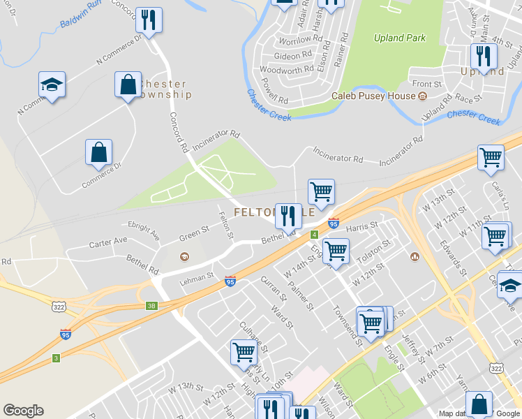 map of restaurants, bars, coffee shops, grocery stores, and more near 2350 Concord Road in Chester