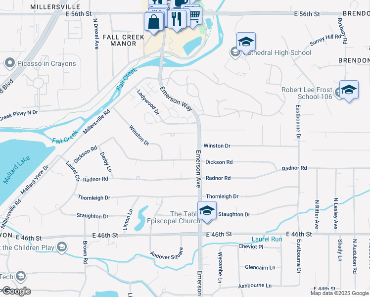 map of restaurants, bars, coffee shops, grocery stores, and more near 5013 Dundee Circle in Indianapolis