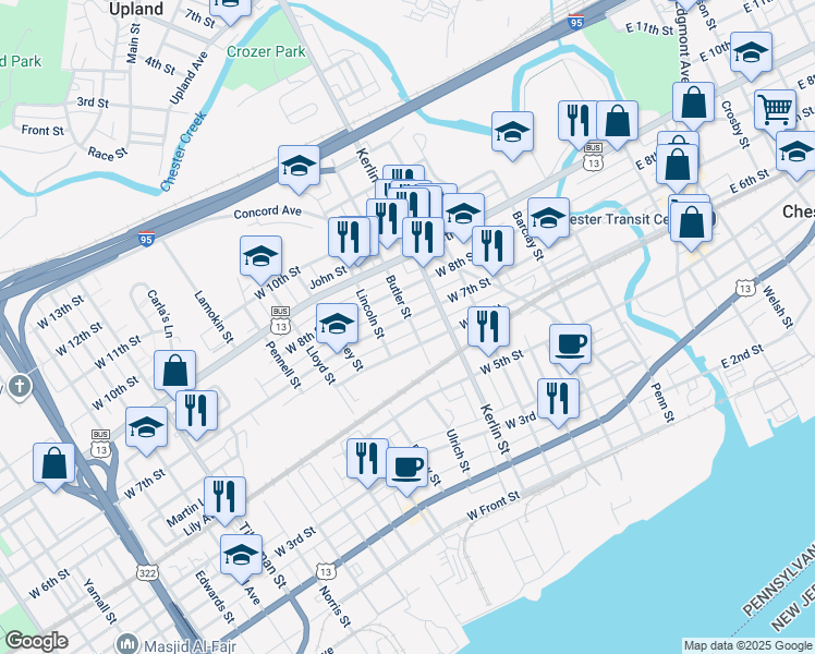 map of restaurants, bars, coffee shops, grocery stores, and more near 805 West 7th Street in Chester