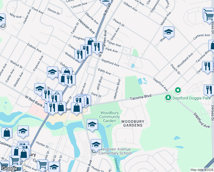 map of restaurants, bars, coffee shops, grocery stores, and more near 334 Driscoll Avenue in Woodbury