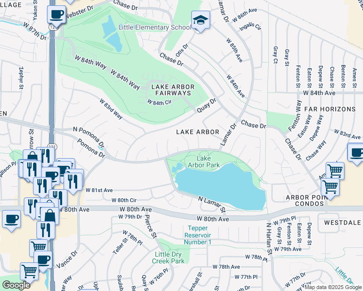 map of restaurants, bars, coffee shops, grocery stores, and more near 8220 Newland Circle in Arvada