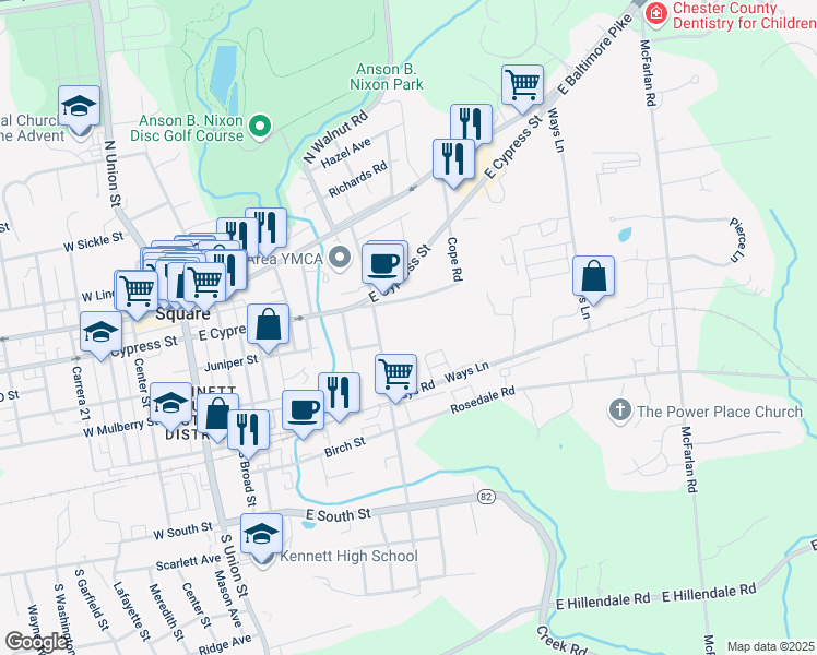 map of restaurants, bars, coffee shops, grocery stores, and more near 600 East Cope Street in Kennett Square