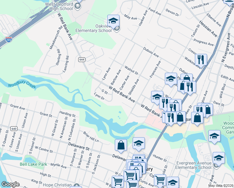 map of restaurants, bars, coffee shops, grocery stores, and more near 401 West Red Bank Avenue in Woodbury