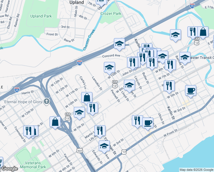 map of restaurants, bars, coffee shops, grocery stores, and more near 910 Pennell Street in Chester