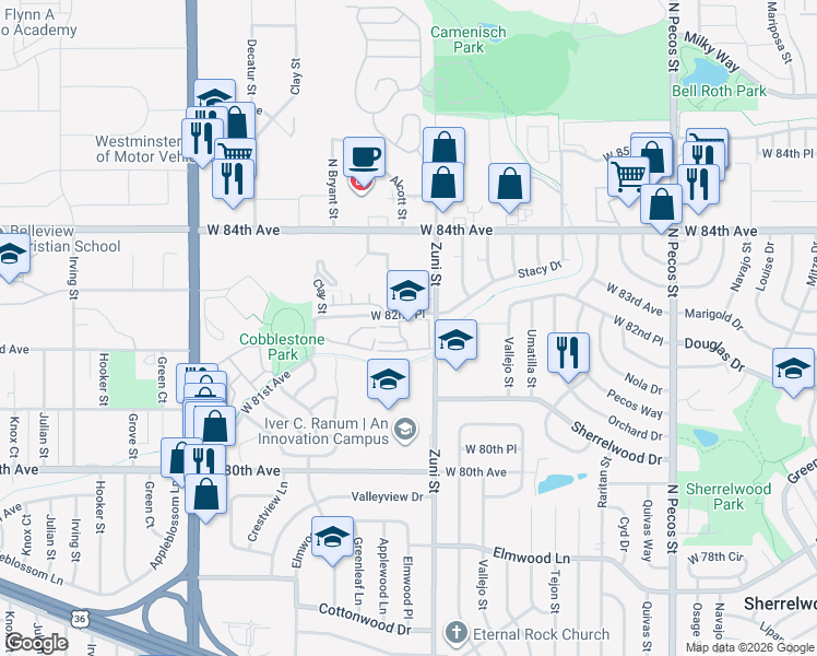 map of restaurants, bars, coffee shops, grocery stores, and more near 2430 West 82nd Place in Westminster