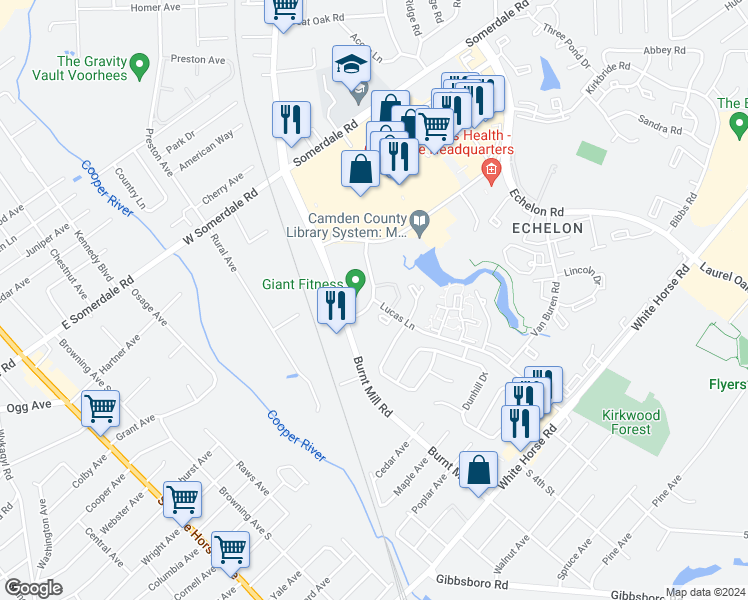 map of restaurants, bars, coffee shops, grocery stores, and more near 13 Lucas Lane in Voorhees Township