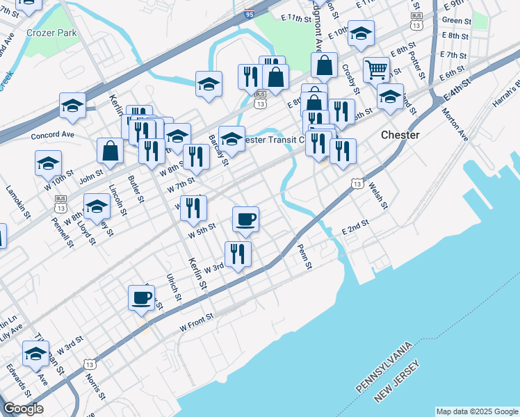 map of restaurants, bars, coffee shops, grocery stores, and more near 227 West 5th Street in Chester
