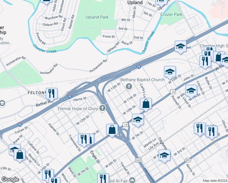 map of restaurants, bars, coffee shops, grocery stores, and more near 1218 Central Avenue in Chester