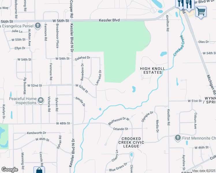 map of restaurants, bars, coffee shops, grocery stores, and more near 2702 Knollwood Drive in Indianapolis