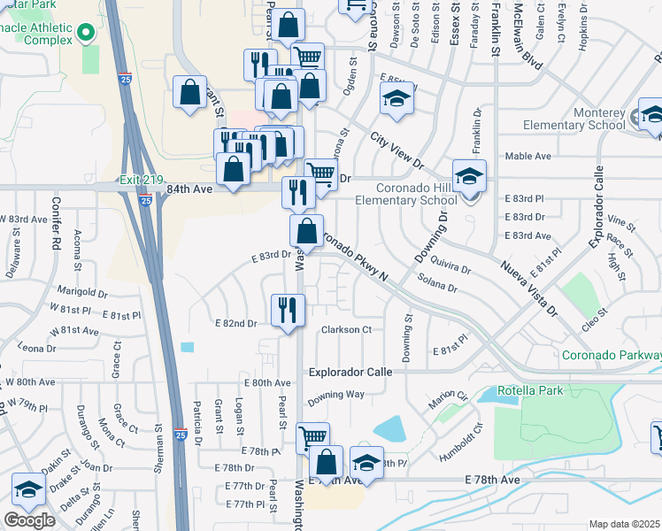 map of restaurants, bars, coffee shops, grocery stores, and more near 8260 Washington Street in Denver