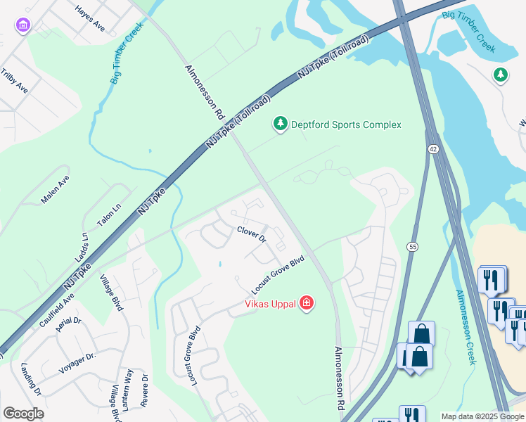 map of restaurants, bars, coffee shops, grocery stores, and more near 451 Steeplechase Court in Deptford Township