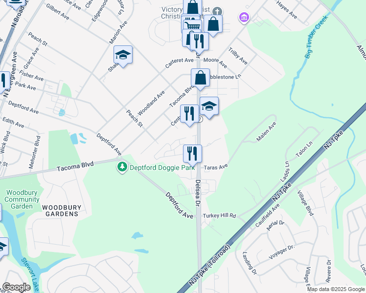 map of restaurants, bars, coffee shops, grocery stores, and more near 813 Winding Way in Westville