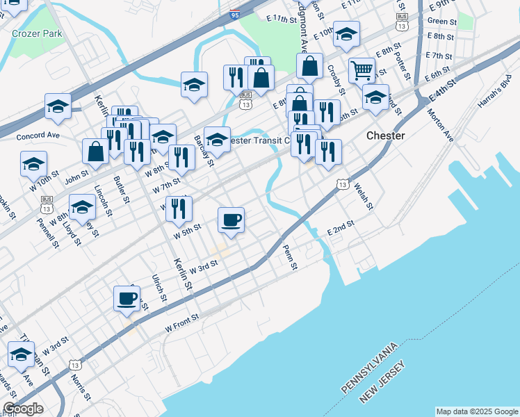 map of restaurants, bars, coffee shops, grocery stores, and more near 200 West 4th Street in Chester