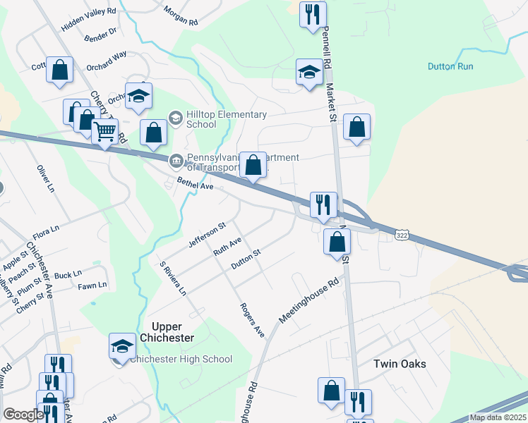 map of restaurants, bars, coffee shops, grocery stores, and more near 704 Bethel Avenue in Aston