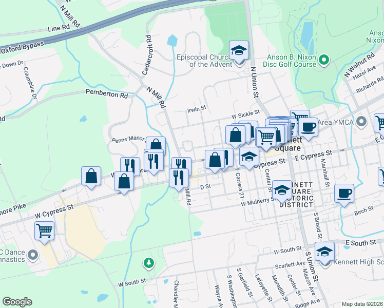 map of restaurants, bars, coffee shops, grocery stores, and more near 657 Linden Circle in Kennett Square