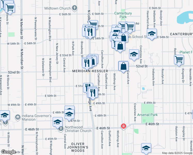 map of restaurants, bars, coffee shops, grocery stores, and more near 5130 Carrollton Avenue in Indianapolis