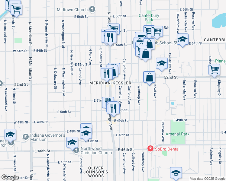 map of restaurants, bars, coffee shops, grocery stores, and more near 5130 Carrollton Avenue in Indianapolis