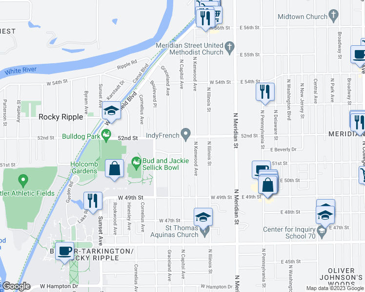 map of restaurants, bars, coffee shops, grocery stores, and more near 5145 North Capitol Avenue in Indianapolis