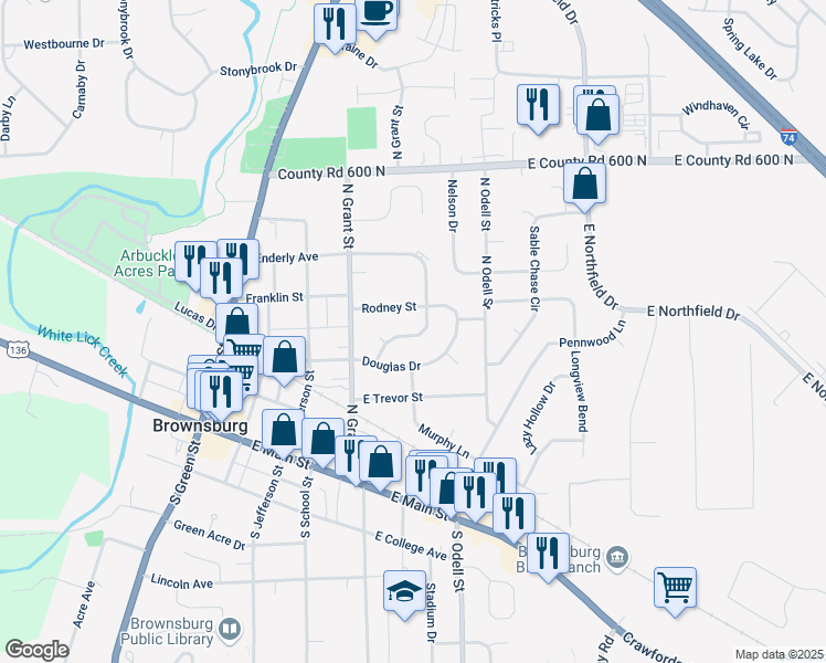 map of restaurants, bars, coffee shops, grocery stores, and more near 432 Enderly Avenue in Brownsburg