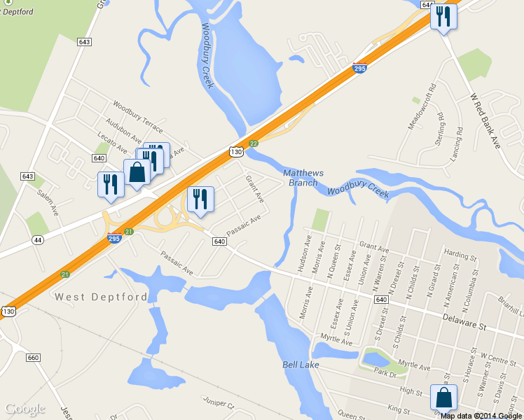 map of restaurants, bars, coffee shops, grocery stores, and more near 309 Grant Avenue in West Deptford