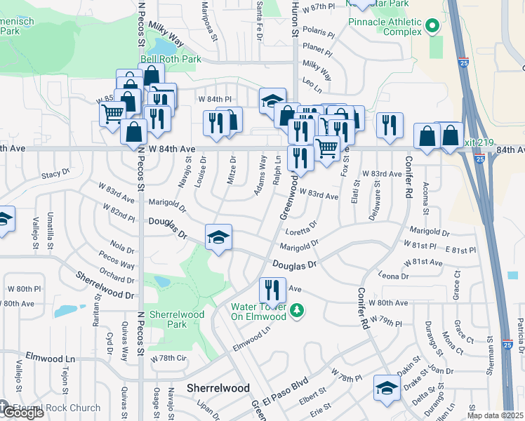 map of restaurants, bars, coffee shops, grocery stores, and more near 8231 Ralph Lane in Denver