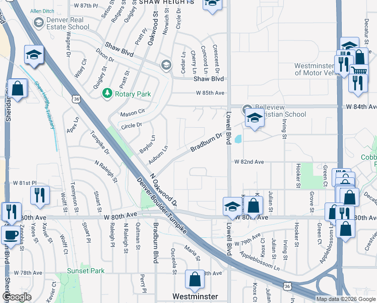 map of restaurants, bars, coffee shops, grocery stores, and more near Bradburn Drive in Westminster