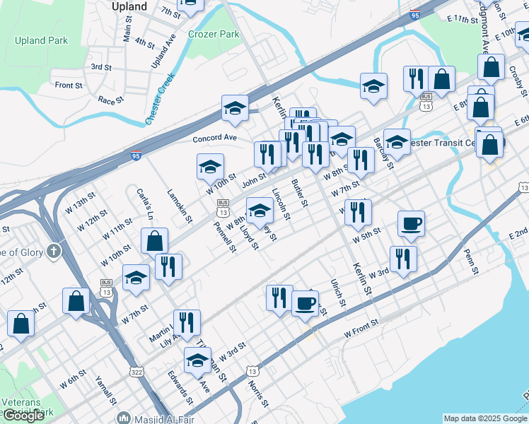 map of restaurants, bars, coffee shops, grocery stores, and more near 931 West 8th Street in Chester