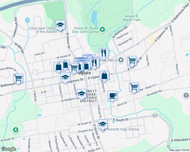 map of restaurants, bars, coffee shops, grocery stores, and more near 119 South Broad Street in Kennett Square