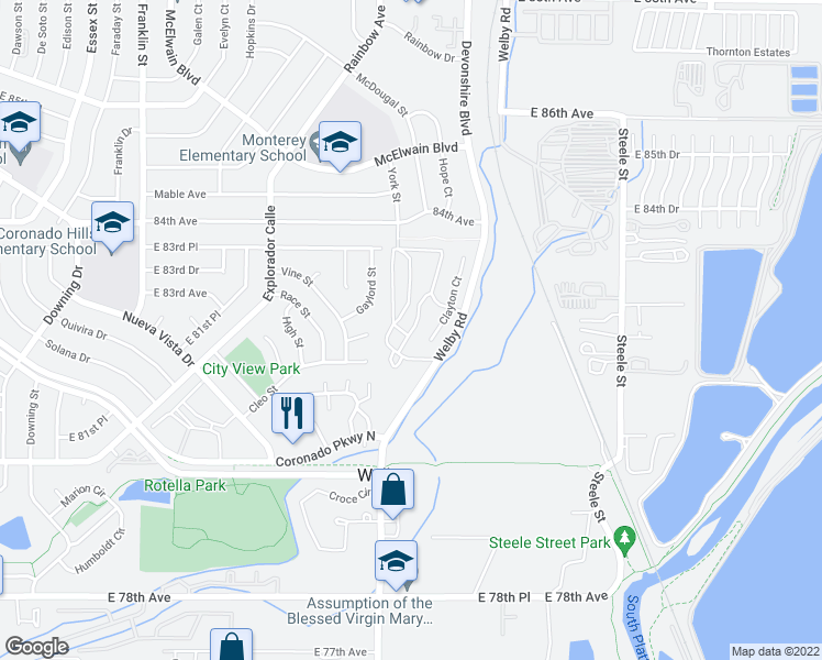 map of restaurants, bars, coffee shops, grocery stores, and more near 1579 Vista Lane in Denver