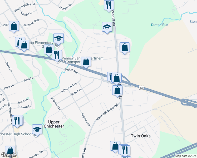 map of restaurants, bars, coffee shops, grocery stores, and more near 601 Bethel Avenue in Aston