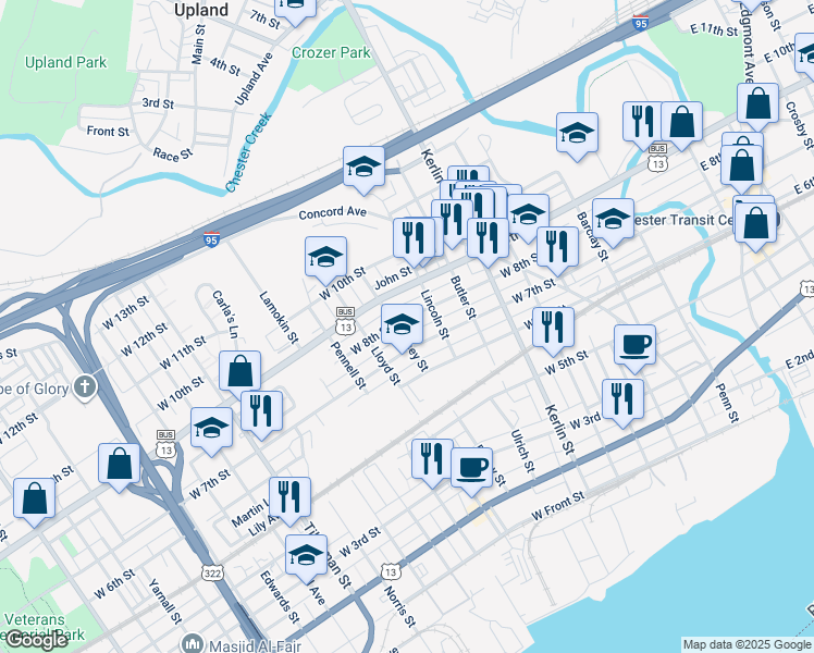 map of restaurants, bars, coffee shops, grocery stores, and more near 931 West 8th Street in Chester