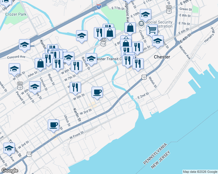 map of restaurants, bars, coffee shops, grocery stores, and more near 200 West 4th Street in Chester