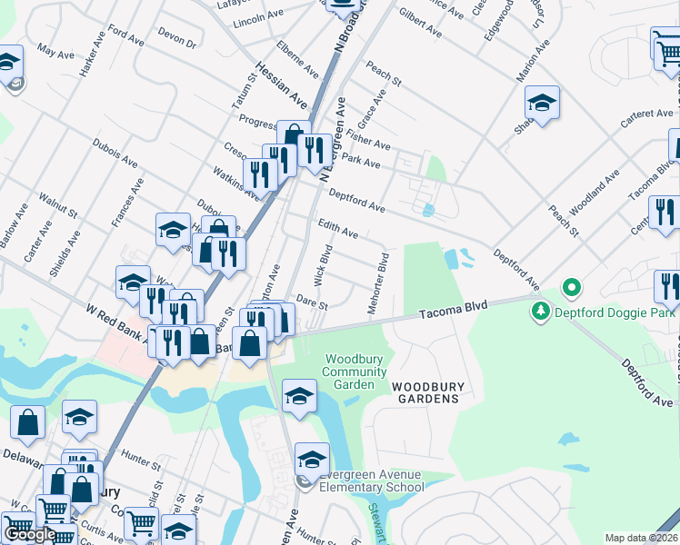 map of restaurants, bars, coffee shops, grocery stores, and more near 334 Driscoll Avenue in Woodbury
