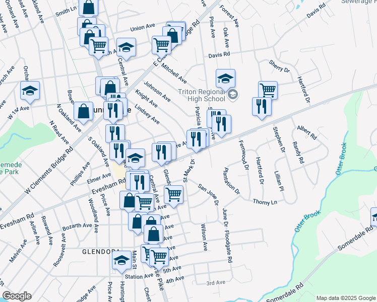map of restaurants, bars, coffee shops, grocery stores, and more near 139 East Evesham Road in Runnemede
