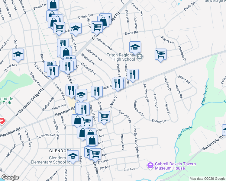 map of restaurants, bars, coffee shops, grocery stores, and more near 139 East Evesham Road in Runnemede