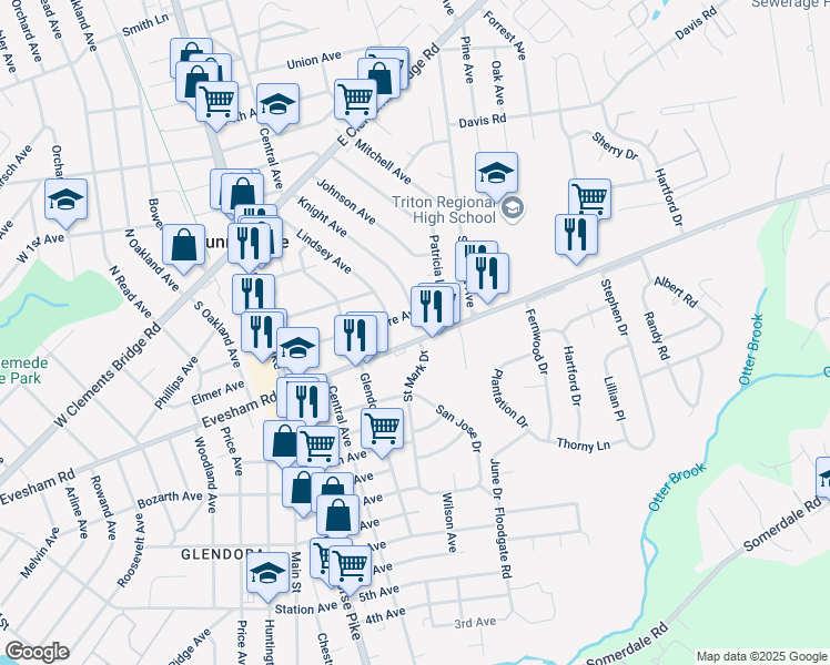 map of restaurants, bars, coffee shops, grocery stores, and more near 139 East Evesham Road in Runnemede
