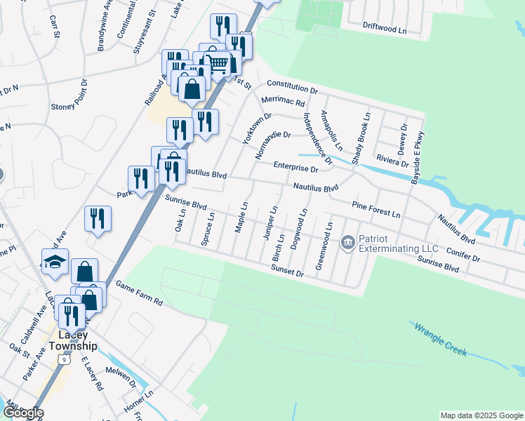 map of restaurants, bars, coffee shops, grocery stores, and more near 249 Chestnut Lane in Lacey Township