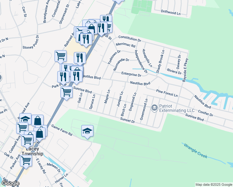 map of restaurants, bars, coffee shops, grocery stores, and more near 249 Chestnut Lane in Lacey Township