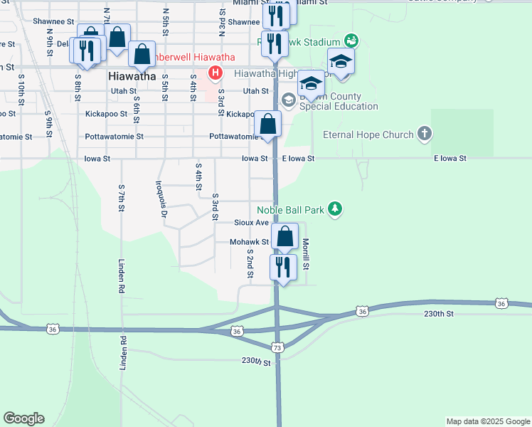map of restaurants, bars, coffee shops, grocery stores, and more near 706 South 1st Street in Hiawatha